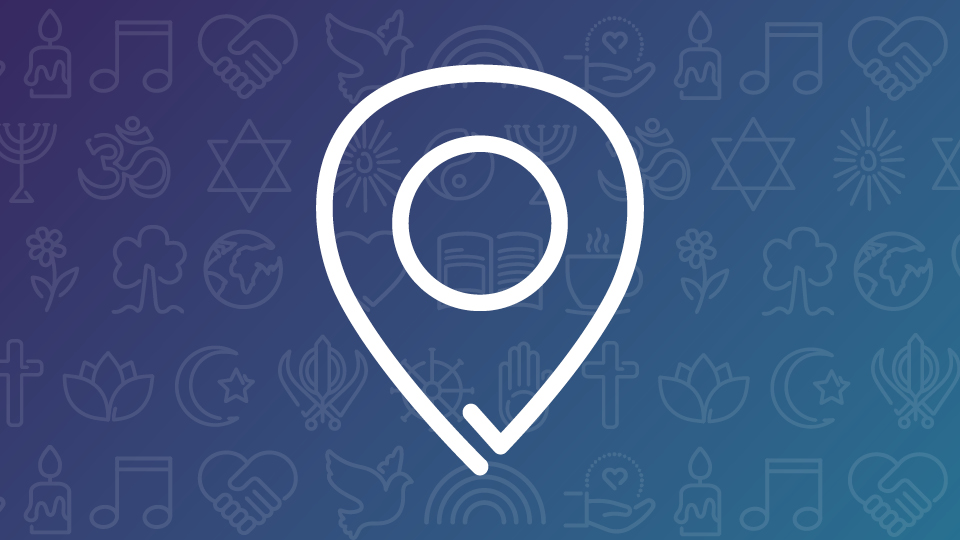 White outline of location arrow on gradiant blue background with religious and wellbeing symbols in the background
